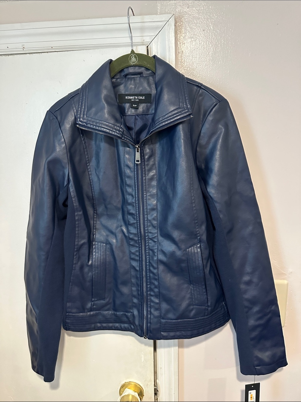 Kenneth Cole Navy Faux Leather Zip Jacket